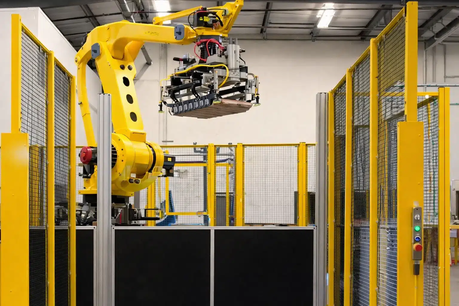 Industrial robotics — palletizing robot arm in automated manufacturing facility